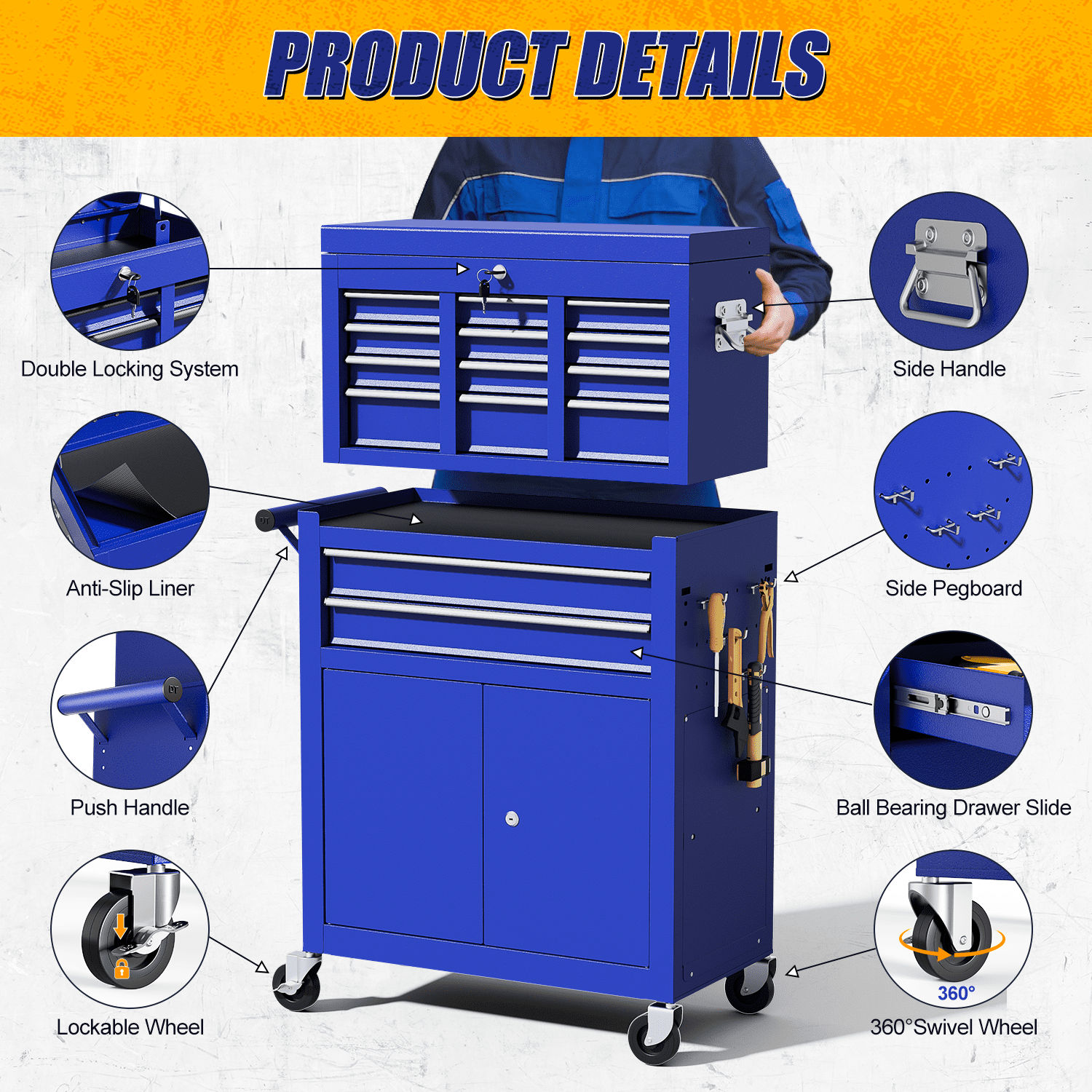 ZBOM 24.2 inch 10-Drawer Rolling Tool Chest, Sliding Metal Drawer Rolling Tool Storage Cabinet, Removable Toolbox Organizer for Workshop, Garage