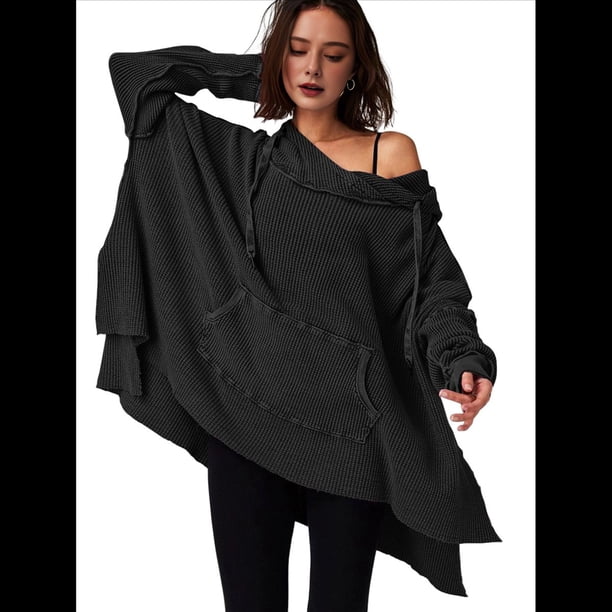 Sudadera con Capucha Extragrande para Mujer, Jersey con Mangas Murciélago y Cuello Redondo, Jersey con Diseño de Gofre Negro S
