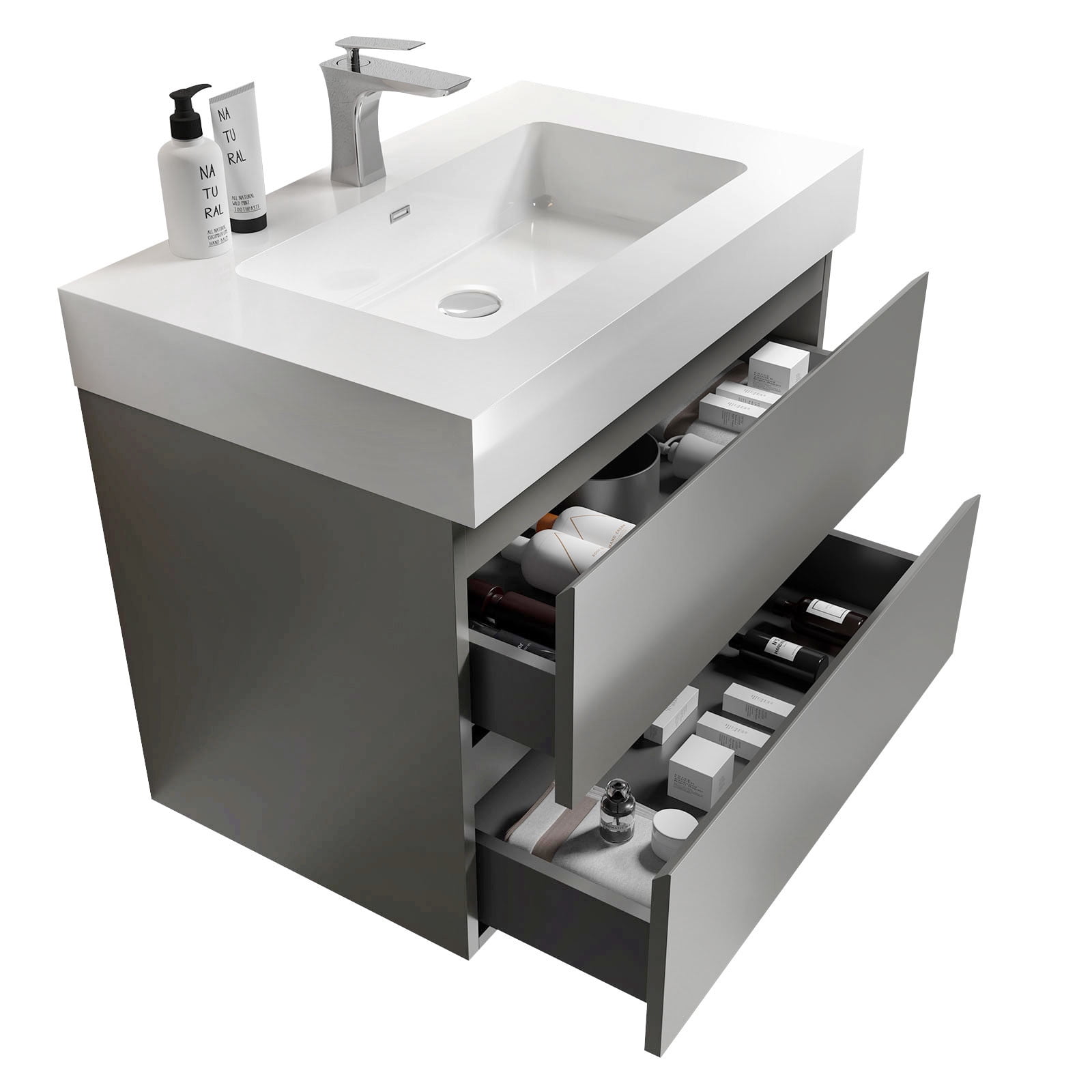 CITTANEO 30 Inch Floating Bathroom Vanity with Sink, Modern Bathroom Cabinet with 2 Drawers, Gray