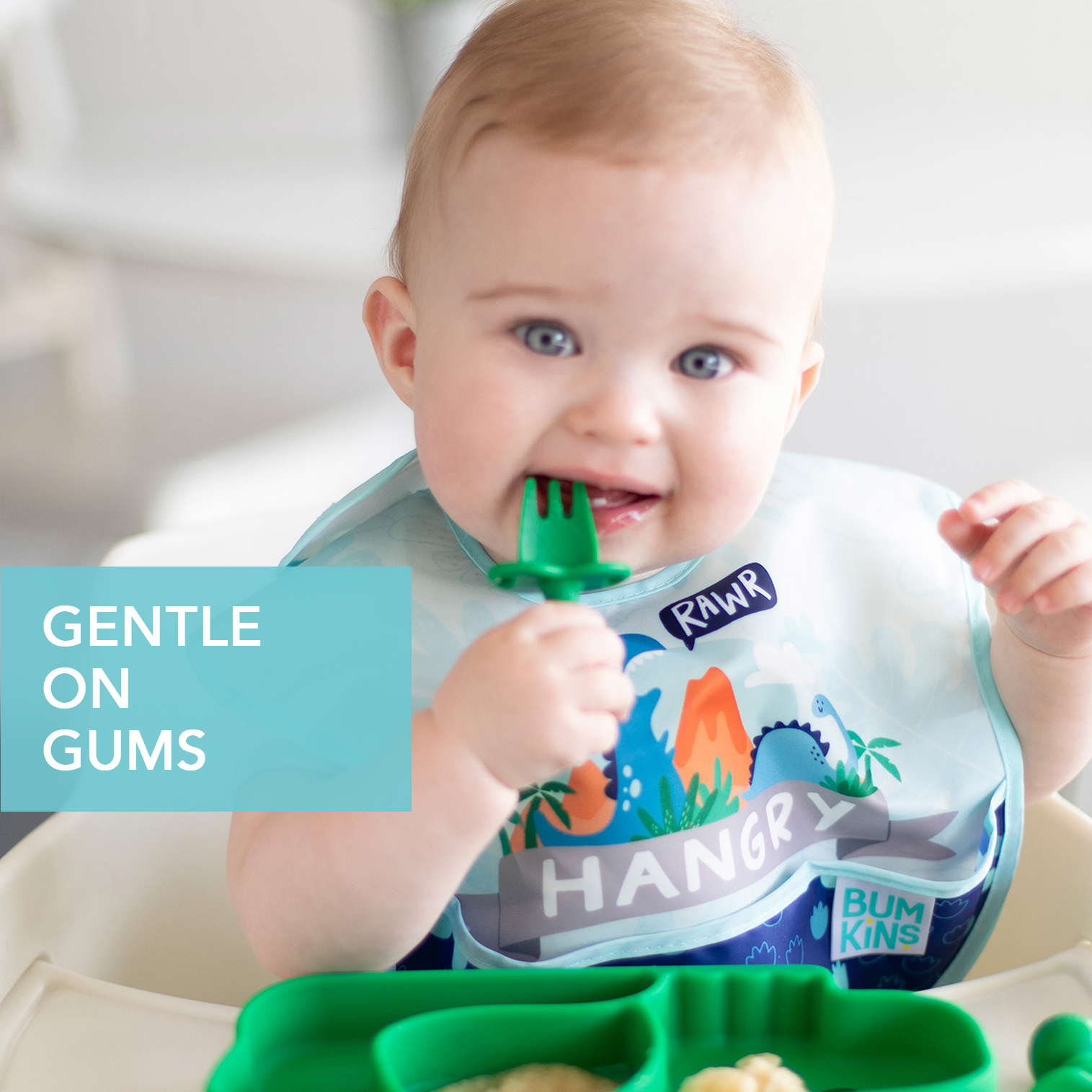 Bumkins Baby Feeding Chewtensils, Training Fork and Spoon Set, Utensils Ages 6 Mos+ (Jade)