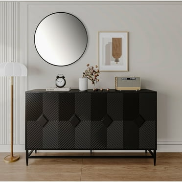 Newboti Furniture Accent Black Lacquered 4 Door Wooden Cabinet Sideboard Buffet Server Cabinet Storage Cabinet, for Living Room, Entryway, Hallway, Office, Kitchen and Dining Room 91565