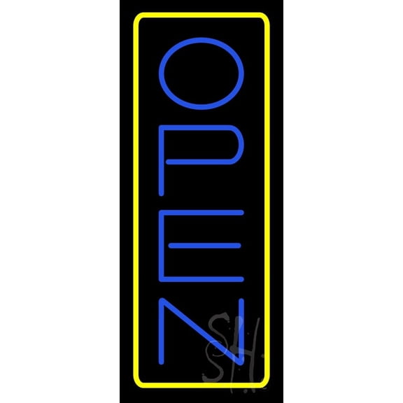 Open - Vertical Blue Letters with Yellow Border LED Neon Sign 24 x 10 - inches, Clear Edge Cut Acrylic Backing, with Dimmer - Bright and Premium built indoor LED Neon Sign for storefront.