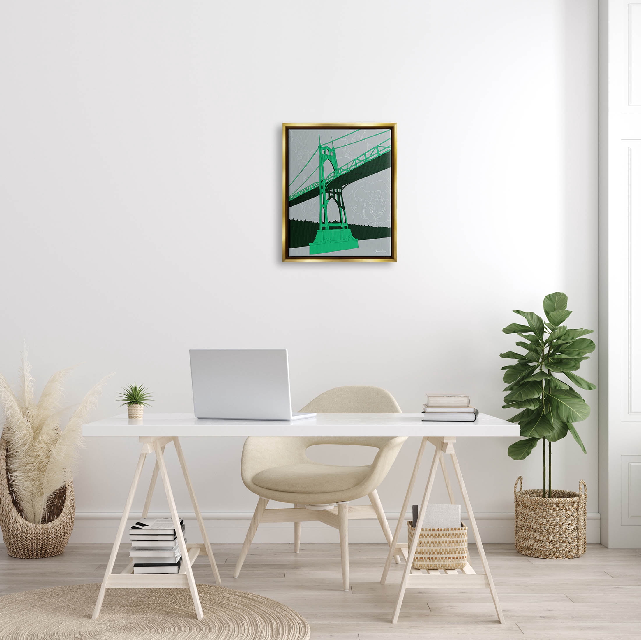 Stupell Industries Modern Floral Bridge Architecture Graphic Art Metallic Gold Floating Framed Canvas Print Wall Art, Design by Shane Donahue