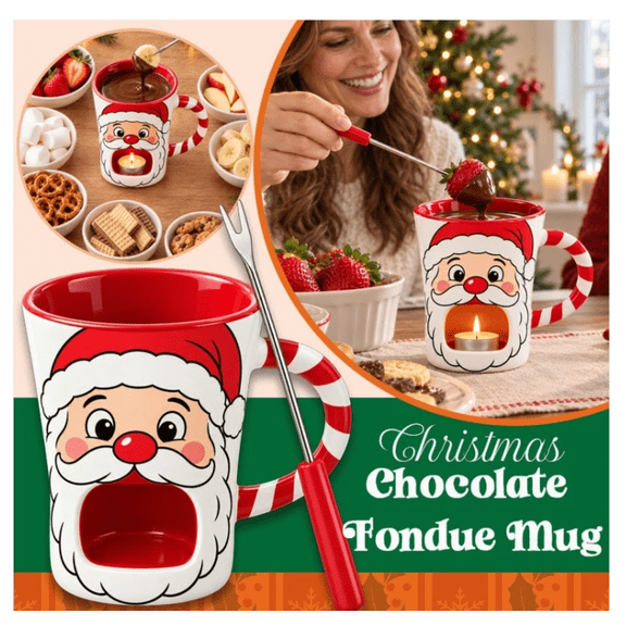 Chocolate Melting Cup with Forks, Christmas Santa Claus Ceramic Fondue Mug with Tealight Holder, Holiday Chocolate Melting Set for Strawberries, Marshmallows & Party Treats