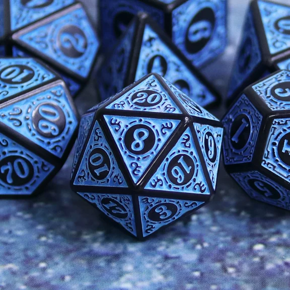 Blue Magic Flame 7-Dice Set Dnd Rpg Dice Black W/Color Fill