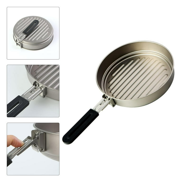 Titanium Non-Stick Frying Pan with Folding Handle Non-Stick Coating Cooking Pot for Outdoor Camping Picnic Backpacking, Size: 190 mm x 43 mm, Silver