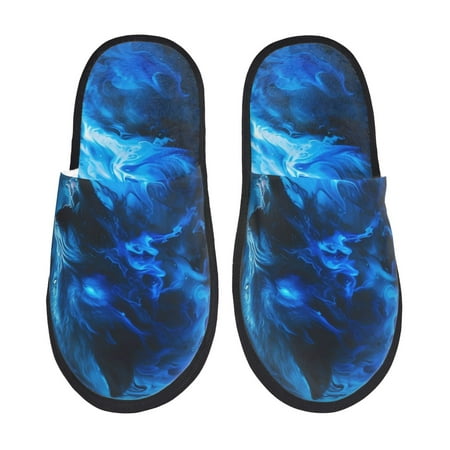 

Qekee Blue Fire Cool Wolf print Slippers for Women and Men Fluffy Cute Cozy House Slipper Funny Furry Bedroom Slippers for Women Indoor -Medium