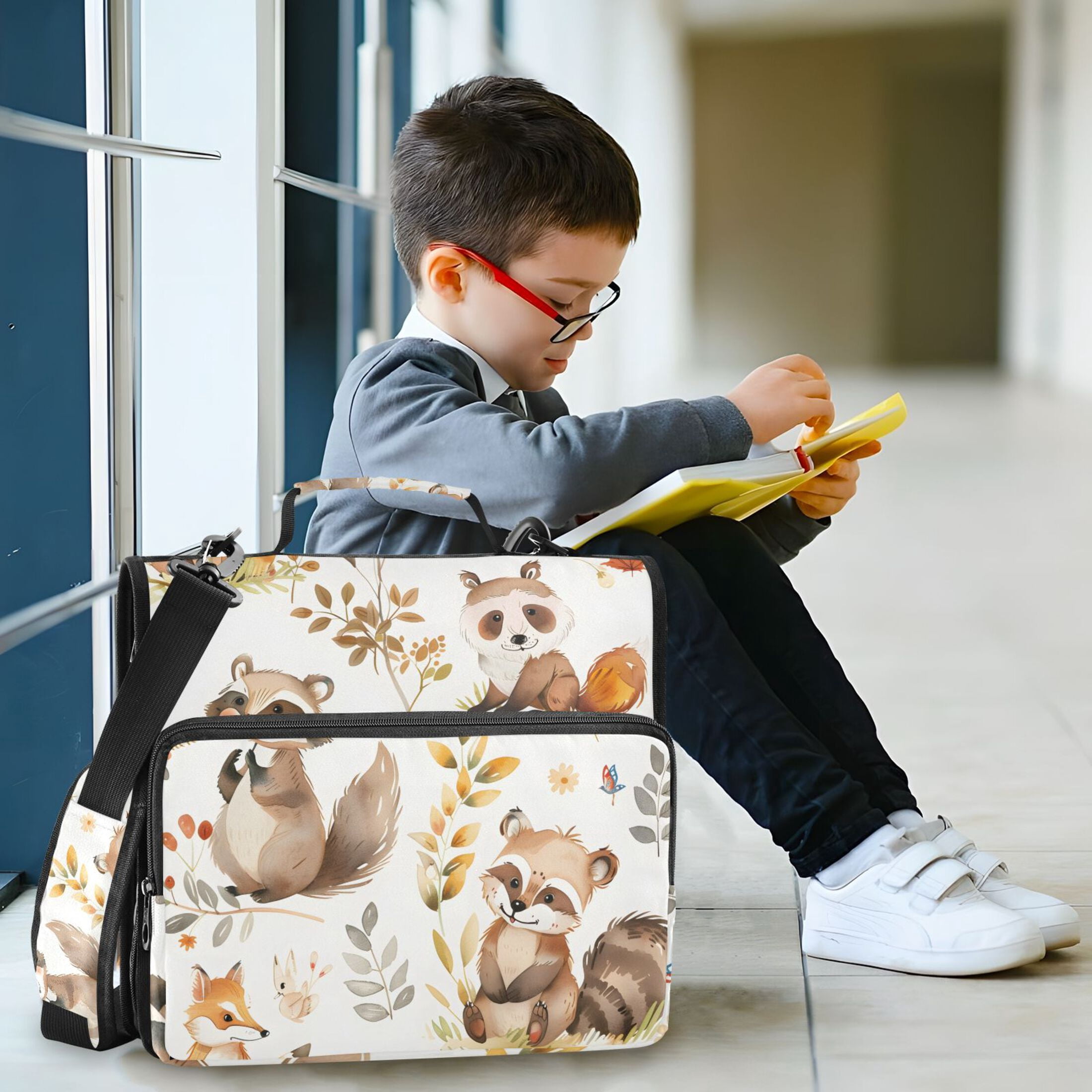 3 Ring Zipper Binder with Shoulder Strap Waterproof Trapper Keeper 2 Inch D-Ring 500 Sheets Capacity Cartoon Raccoon Fox