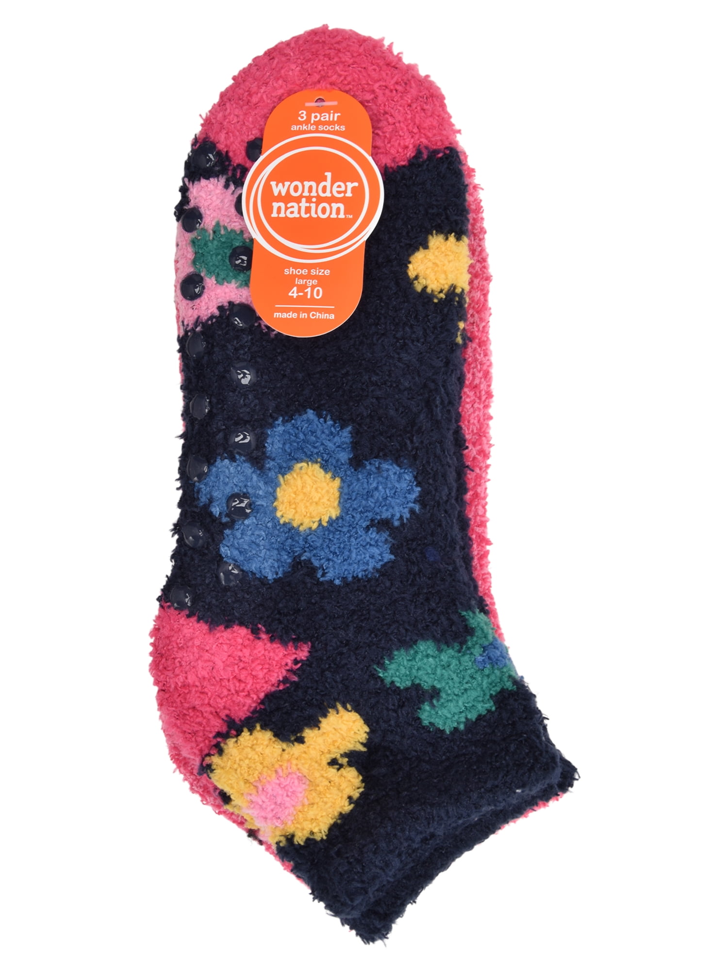 Wonder Nation Girls Flower Icon Cozy Ankle Socks, 3-pack, Size Large (Shoe Size 3-9)