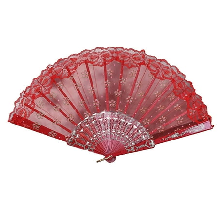 

TFDZ Best Chinese Style Dance Wedding Party Lace Silk Folding Hand Held Flower Fan Home Fan Red