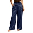 thumbnail image 3 of Bloomae Women Satin Wide Leg Dress Lounge Pants Silk Casual Dressy Long Flowy Pajamas Pants Ruffled Trim Elastic High Waisted Sleepwear Trousers with Pockets, 3 of 9