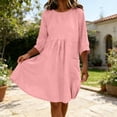 thumbnail image 4 of FEIIBMOYRIA Women Round Neck Dresses Women's Cotton-Linen Blend Long Sleeve Midi Dresses Gathered 3/4 Sleeves High Waist Loose Comfy A‑Line Daily Outwear Dresses, 4 of 6