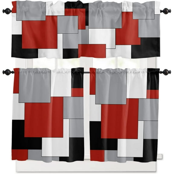 Kitchen Curtains and Valances Set Tier Curtains Living Room Bedroom Bathroom Farmhouse 3 Piece Set Rod Pocket,Red and Grey Modern Abstract Art