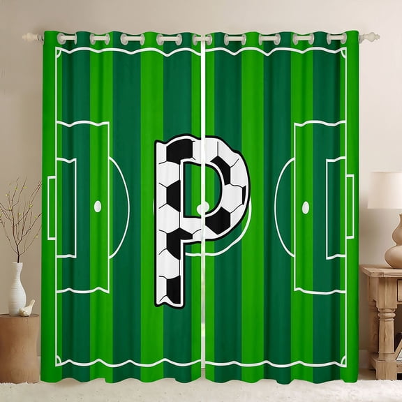 Erosebridal Modern Soccer Court Pattern Kids Black Out Curtains,Letter P Monogrammed Curtains Pack of 2 (42x63 Each) For Boys Teens