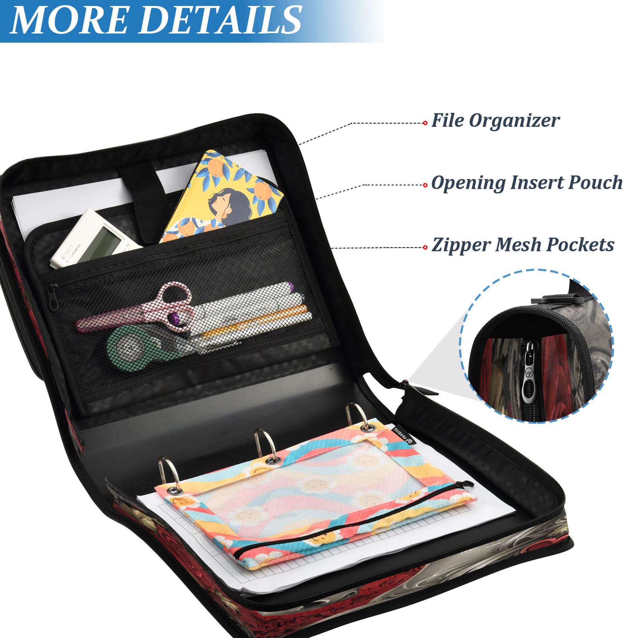 YAZAOO Zipper Binder trapper keeper Documents Organized Design Unicorn Roses Hearts Printed