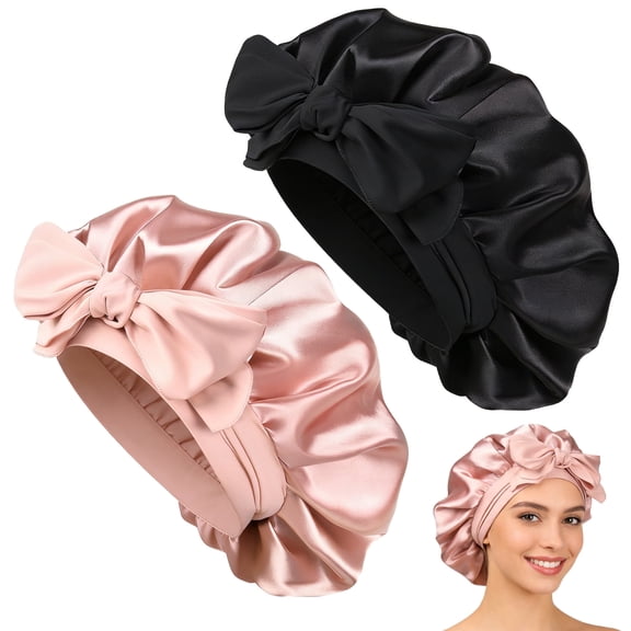 Silk Satin Bonnet for Sleeping Women: Adjustable Double Layer Sleep Cap for Curly Hair, Pink & Black 2 Pack