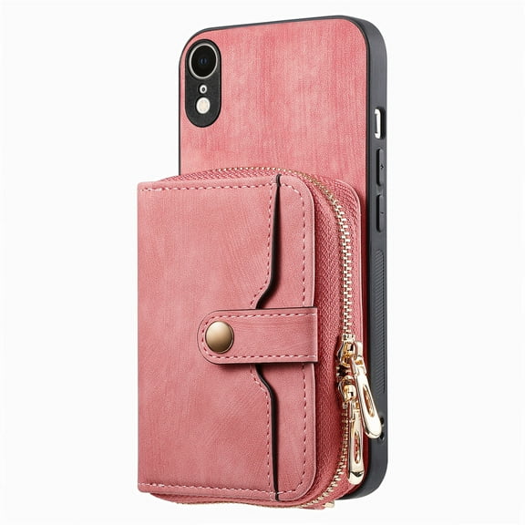 ShellTech Phone Case for iPhone xr Zipper Wallet Cover with Credit Card Holder Slot Shoulder Crossbody Strap Cell Women Girls Men,Pink