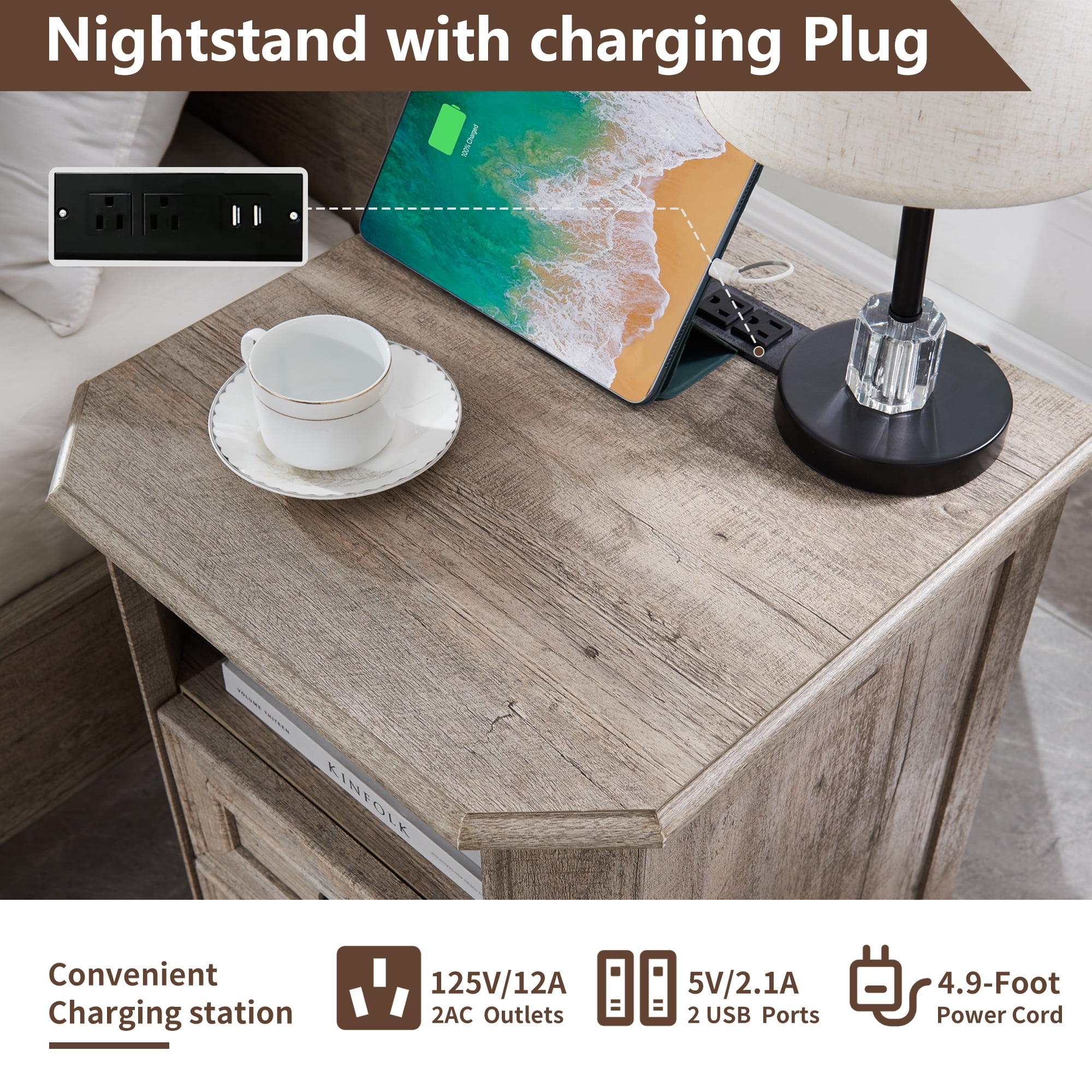 OKD Farmhouse Nightstand with Charging Station, End Table with 2 Drawers for Living Room, Side Table, Light Rustic Oak