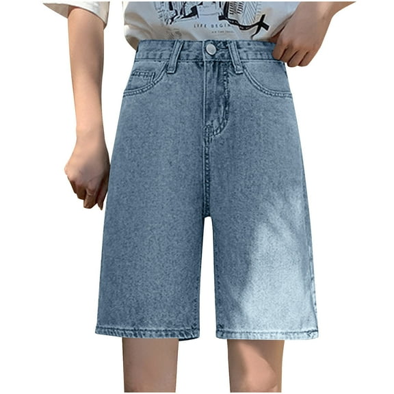 ABATAB Bermuda Jean Shorts for Women High Waisted Trendy Denim Shorts Knee Length Cut off Loose Fit Fashion Outfits with Pockets