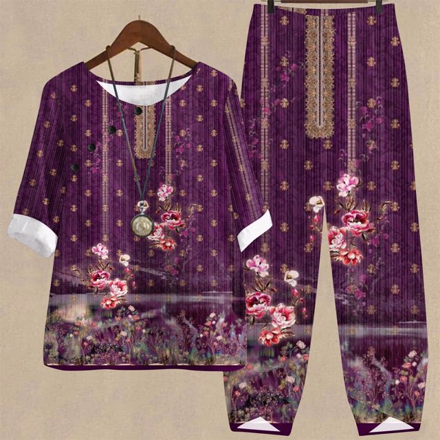 ICHUANYI Clearance Women's Summer Printed Half Sleeve Round Neck Cropped Top + Casual Pants Suit Set Two Piece Lounge Set(Purple, M) ICHUANYI WER2023081116753