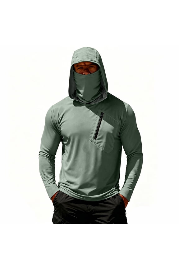 Mens Long Sleeve Sun Protection Shirts Upf 50+ Hooded Fishing Shirt Hiking Performance Mesh Face Mask Top with Chest Pockets