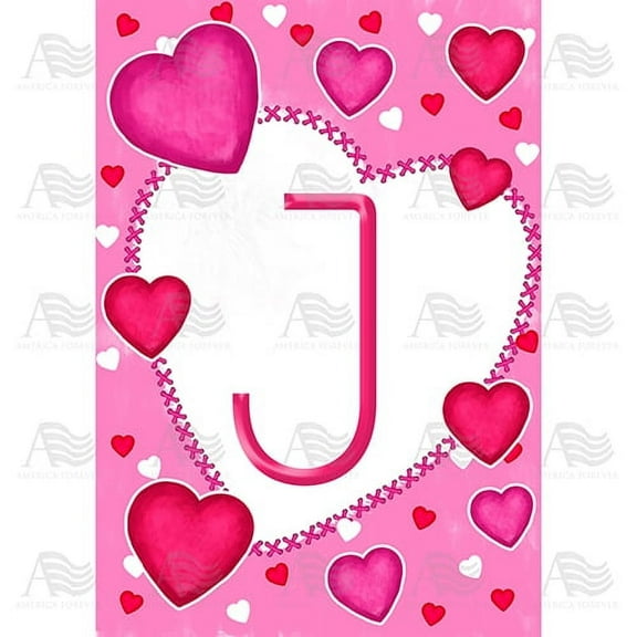 America Forever Flags Monogram Letter J House Flag - Happy Valentine's Day - 28 x 40 Inches, Holiday Love Hearts Valentine House Flag, Seasonal Yard Outdoor Decorative Double Sided Flag