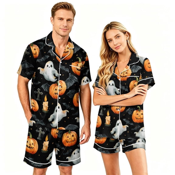 Festively Fun Couples Matching Halloween Pajamas Short Sleeve Button Front Shirt and Shorts Sleepwear Sets for Men and Women
