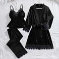 thumbnail image 4 of Womens Satin Pajama Set 3 Piece Lace Trim Cami Robe Casual Pants Tie Waist Pajamas Sleepwear Black XL, 4 of 5