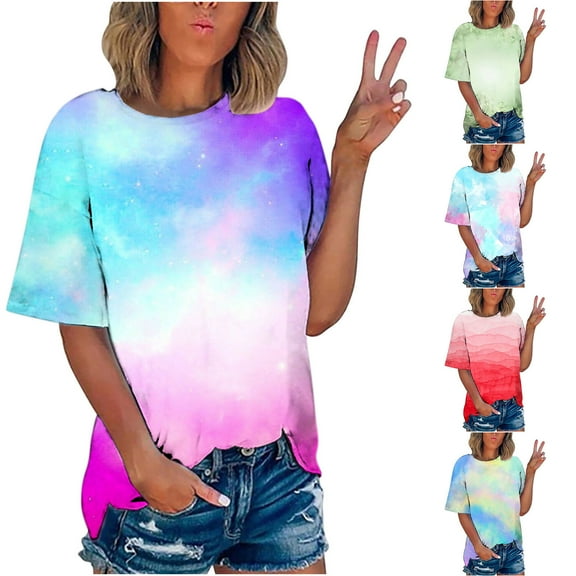 Elainilye Fashion Shirt for Women Plus Size Printed T-shirt Short Sleeves Blouse Round Neck Casual Tops,Blue