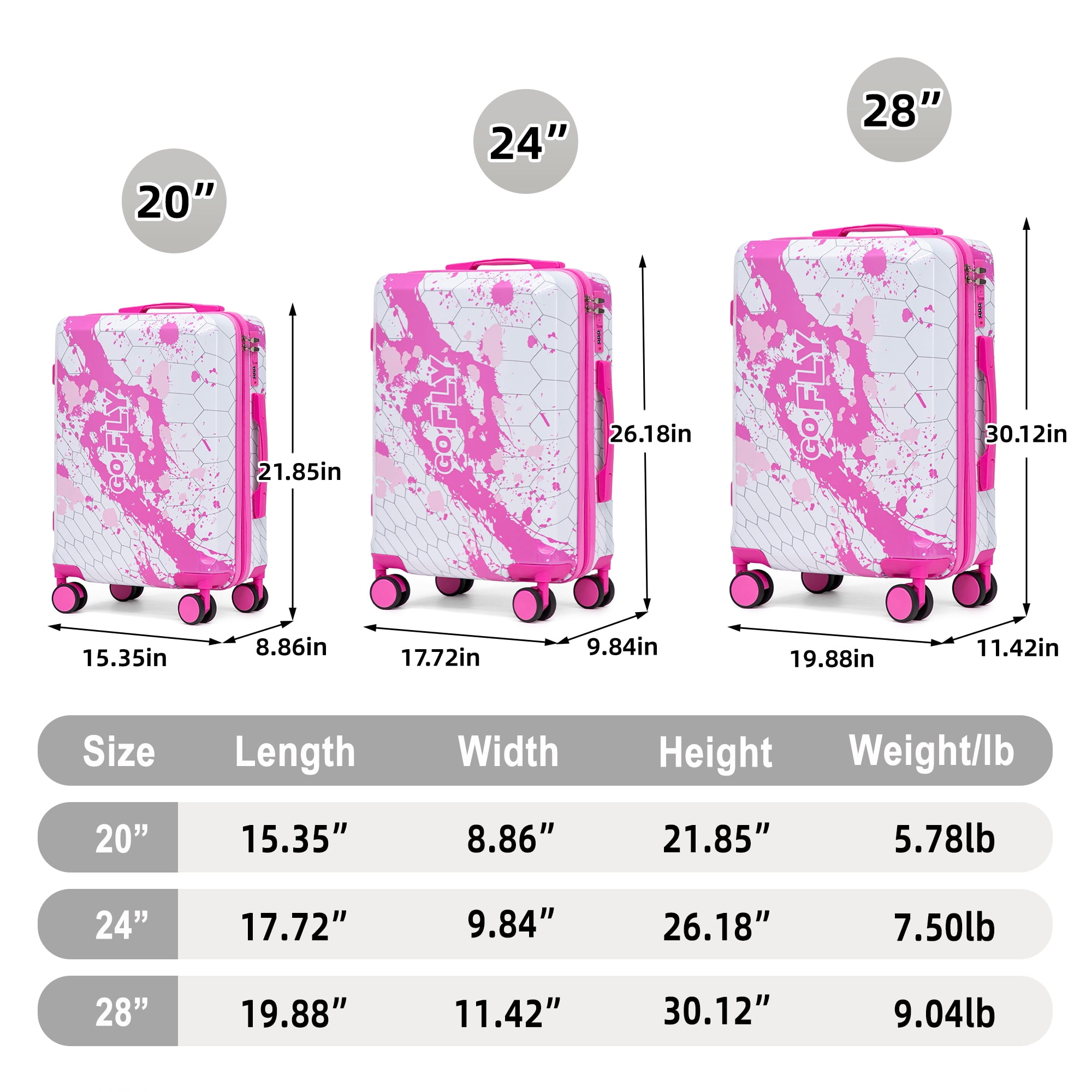 Alvantor Hardside Luggage Sets 3 Piece Lightweight Suitcase with TSA Lock, Fashion Travel Luggage for Teenegers,(20/24/28),Pink