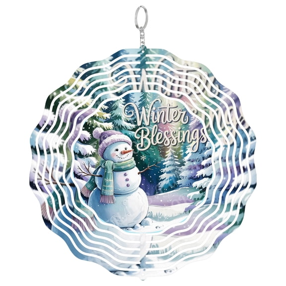 Winter Blessings Snowman 3D Wind Spinner, Festive Seasonal Gift, UV Printed Metal Kinetic Yard Art, Round
