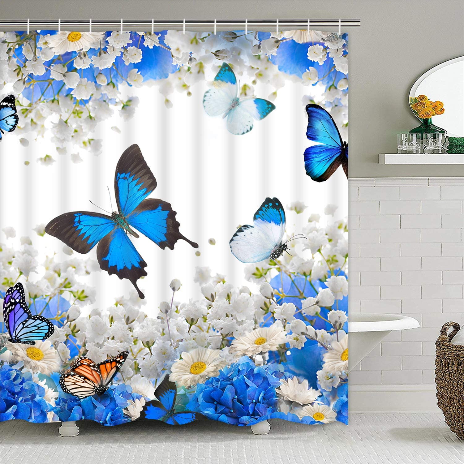 Flower Floral Butterfly White Modern Bathroom Waterproof Bath Shower Curtain 