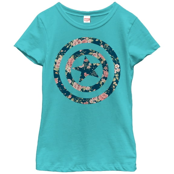 Girl's Marvel Captain America Floral Print Graphic Tee Tahiti Blue Large