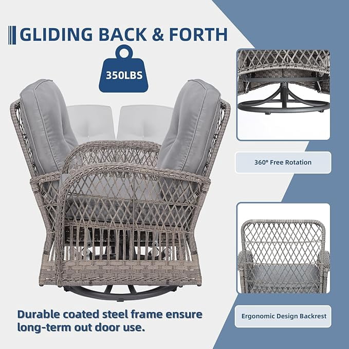 SOCIALCOMFY 5-Piece Wicker Patio Furniture Sets Outdoor All-Weather Rattan Conversation Set Includes Glider Loveseat, 2 Glass-Top Coffee Tables, 2 Swivel Rocking Chairs for Porch Backyard, Gray