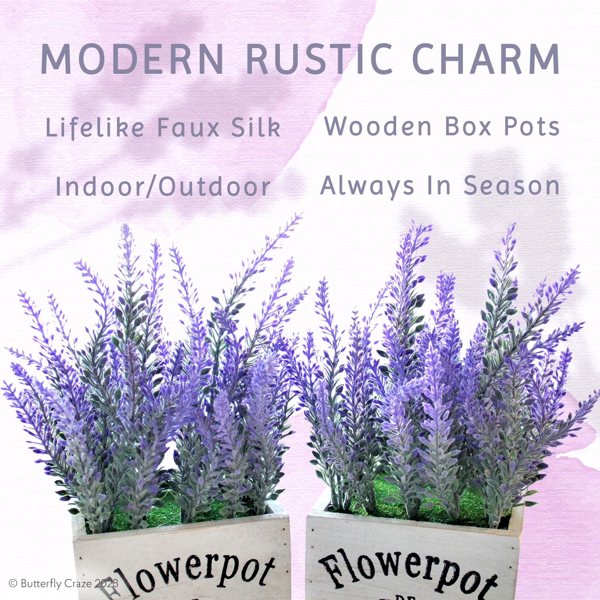Butterfly Craze Artificial Lavender Plants in Rustic Wooden Planters -  Lifelike, Stunning Faux Silk Purple Flowers Perfect for Elevating Your  Patio, Home Décor, or Office (Set of Two), White Pots 