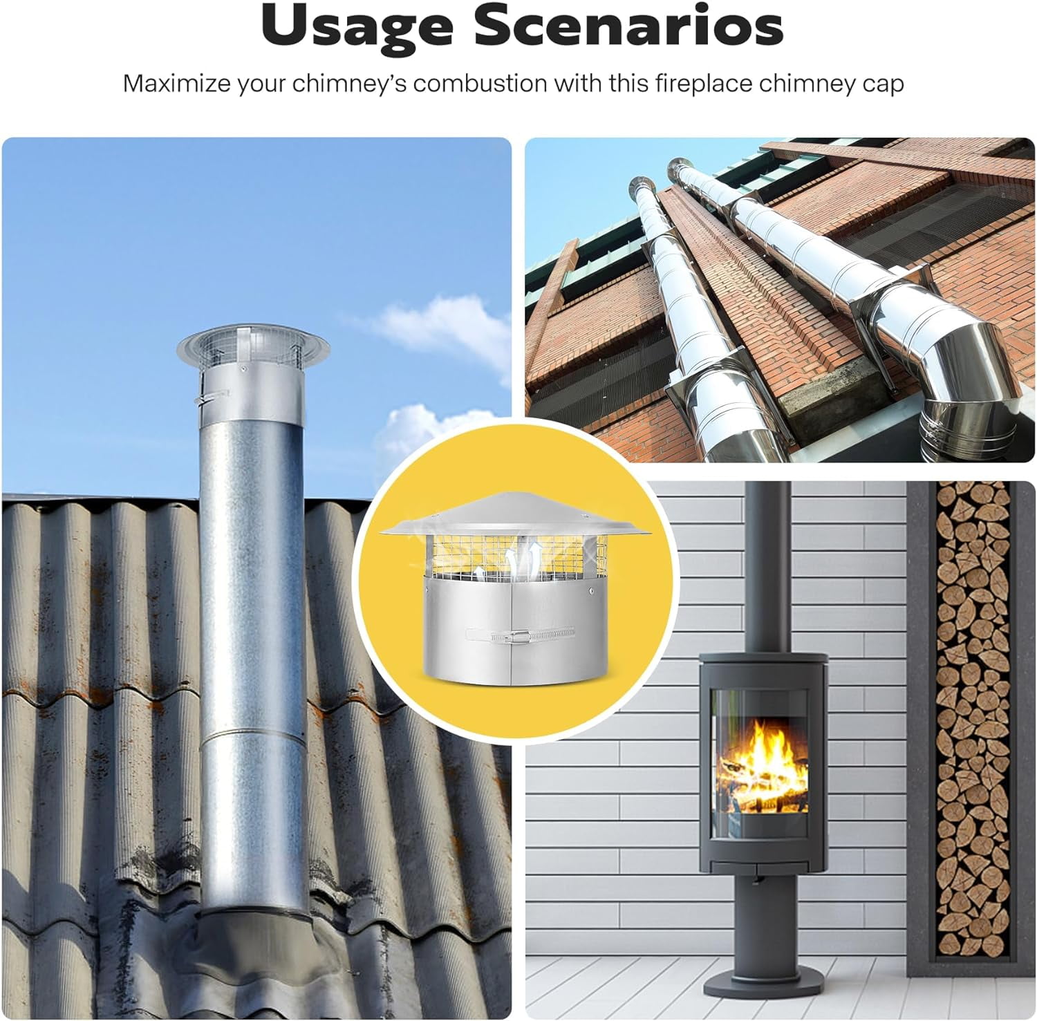 SPECSTAR 8" Cone Top Chimney Cap with Screen, Round Roof Rain Chimney Cover, Stainless Steel Fireplace Exhaust Cap, Adjustable Roof Cap for Vent