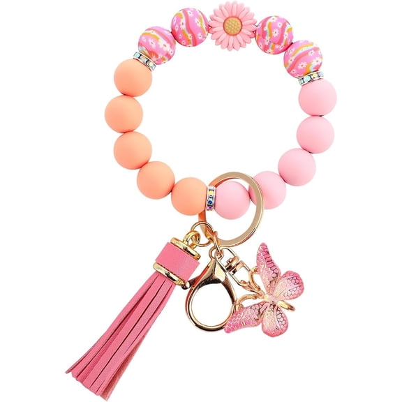 Januofit Cute Silicone Beaded Keychain,Key Chain Holder for Car Keys Women Girl,Daisy Silicone Key Wristlet Resin Butterfly