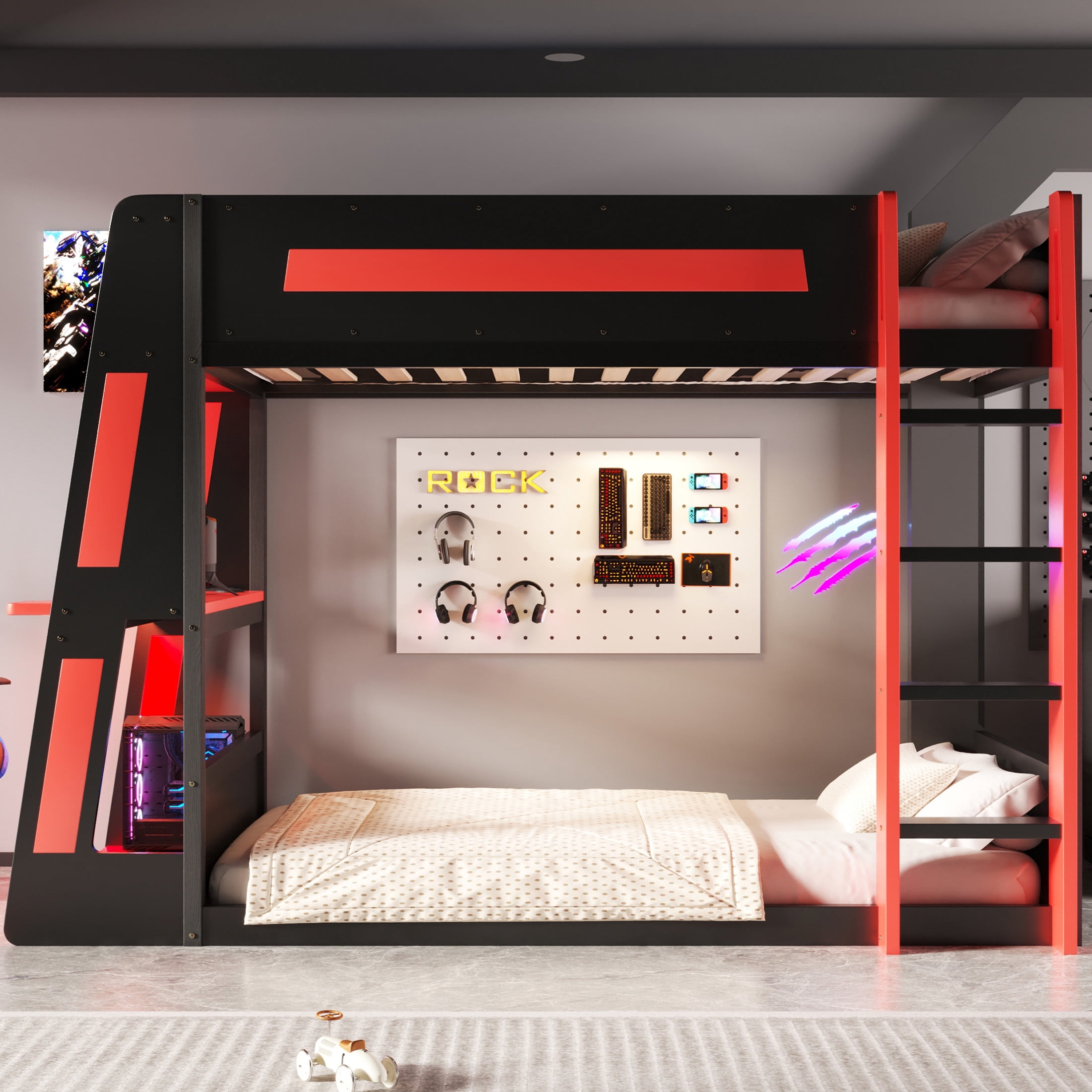 Noble House Nira Twin Gaming Bunk Bed with Desk and LED Lights, Wood Loft Bed with Charging Ports, Black and Red