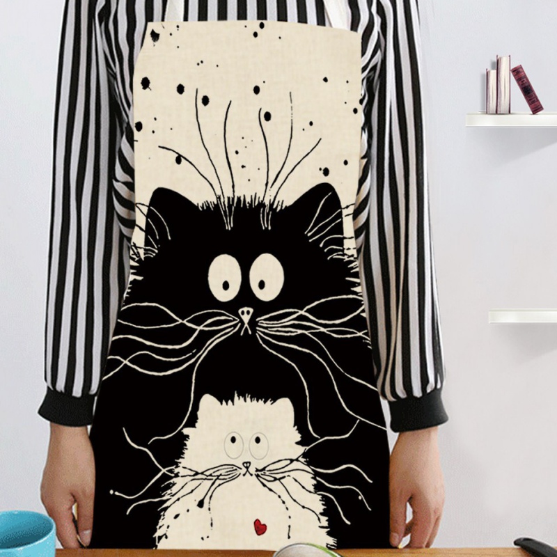 Kitchen Apron Cute Cartoon Funny Cat Printed Sleeveless Cotton Linen Aprons for Men Women Practical Durable Home Cleaning Tools