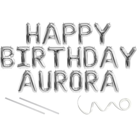 Aurora, Happy Birthday Mylar Balloon Banner - Silver - 16 inch Letters. Includes 2 Straws for Inflating, String for Hanging. Air Fill Only- Does Not Float w/Helium. Great Birthday Decoration