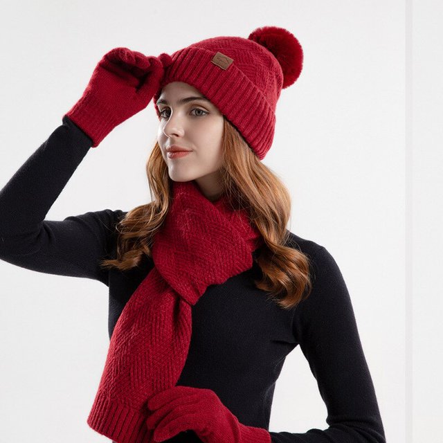Conjunto de gorro de punto para mujer, gorros cálidos para mujer, gorros gruesos con pompón lindo, gorro de esquí con bufanda y guantes, Invierno Fivean unisex