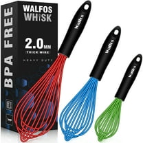 Walfos Silicone Balloon Whisk, Heat Resistant Non Scratch Coated Kitchen Whisks for Cooking Nonstick Cookware, Balloon Egg Wisk Perfect for Blending, Baking, Beating, Set of 3,Red,Blue,Green