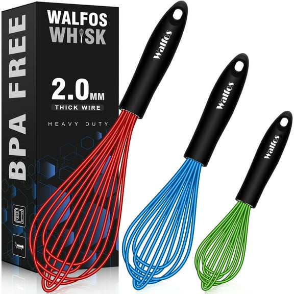 Walfos Silicone Balloon Whisk, Heat Resistant Non Scratch Coated Kitchen Whisks for Cooking Nonstick Cookware, Balloon Egg Wisk Perfect for Blending, Baking, Beating, Set of 3,Red,Blue,Green