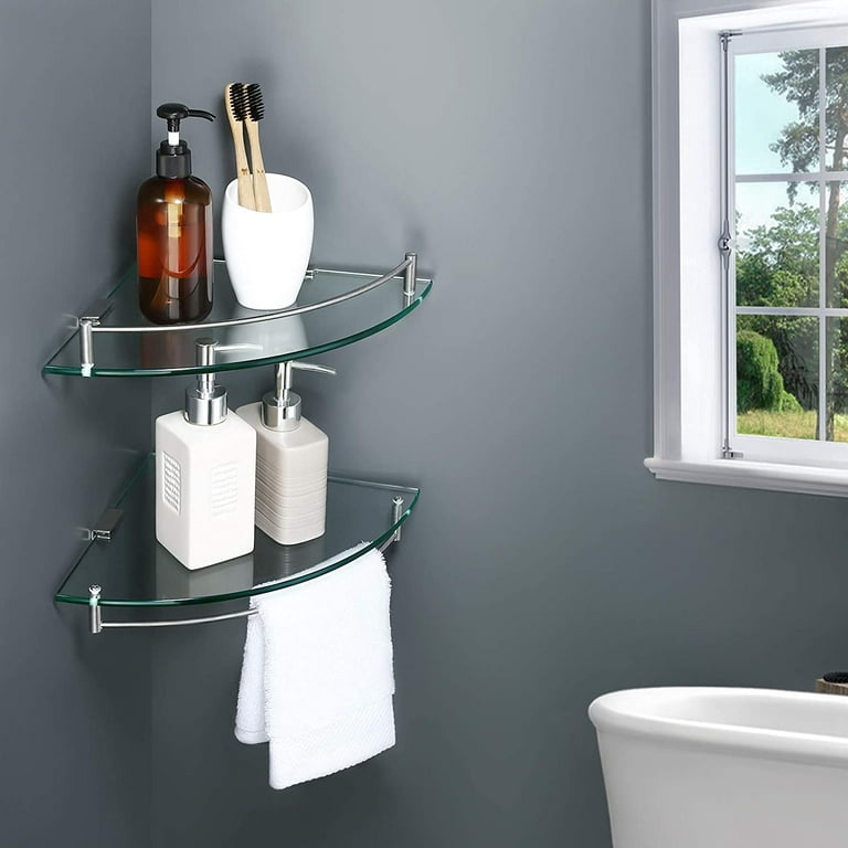 EFISH Glass Corner Shelf for Bathroom Corner Shower Shelf Tempered Glass Shelf with Rail Sus 304 Stainless Steel Wall Mounted, Size: Small, Silver