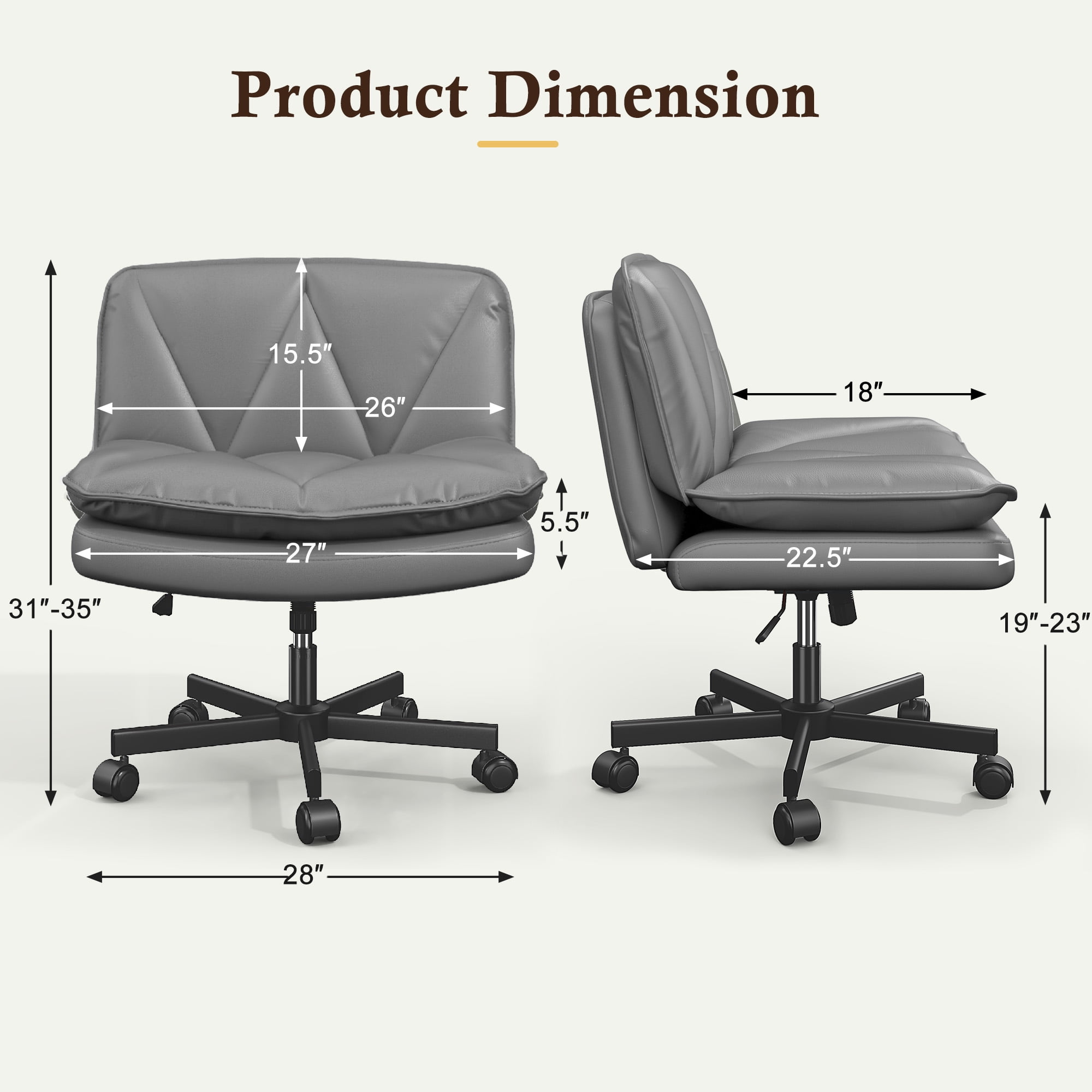 Romorgniz 27" W Chair Criss Cross Legged Office Chair Armless Adjustable Desk Chair with Wheels, Wide Seat, and 2-Layer Cushion, Grey