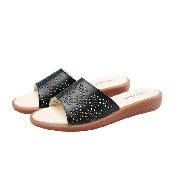 JeashCHAT Slip On Slide Sandals for Women Women's Hollow Out Slippers Casual Home Sandals Slotted Comfort Flat Bottom Mules (Black)