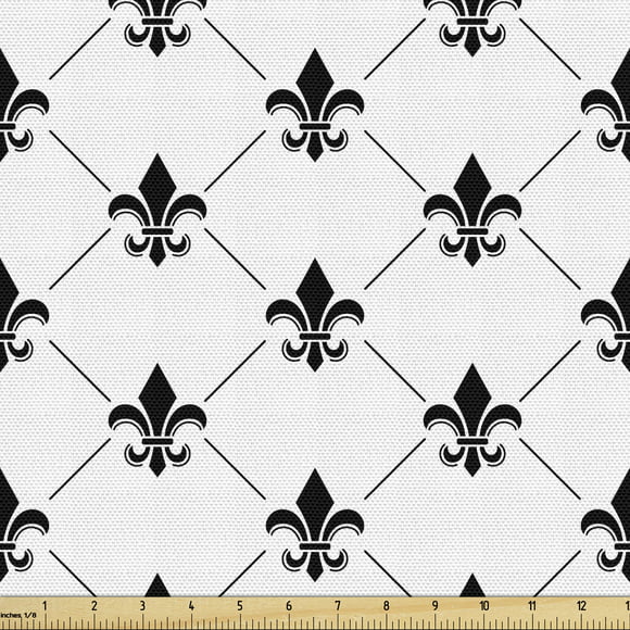 Fleur De Lis Sofa Upholstery Fabric by the Yard, French Damask Composition Monochrome Pattern Royal Classic Insignia Motif, Decorative Fabric for DIY & Home Accents, 2 Yards, Black White by Ambesonne