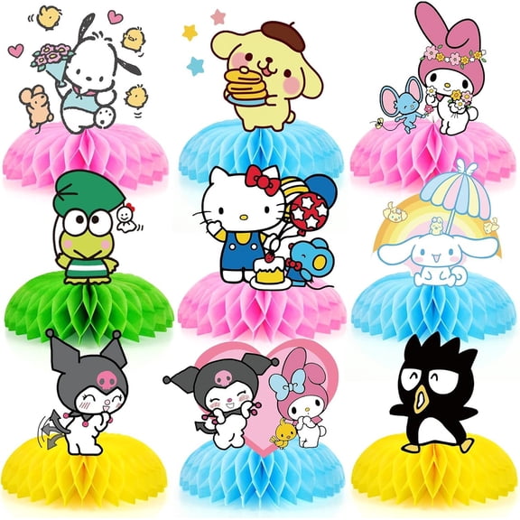 9 pcs Sanrio Party Supplies,Honeycomb Centerpiece 3D Double-Sided Party Decorations Colorful Non-Fade Cardstock Birthday Party Tabletop Decorations Cartoon Birthday Party Decoration Supplies for Kids