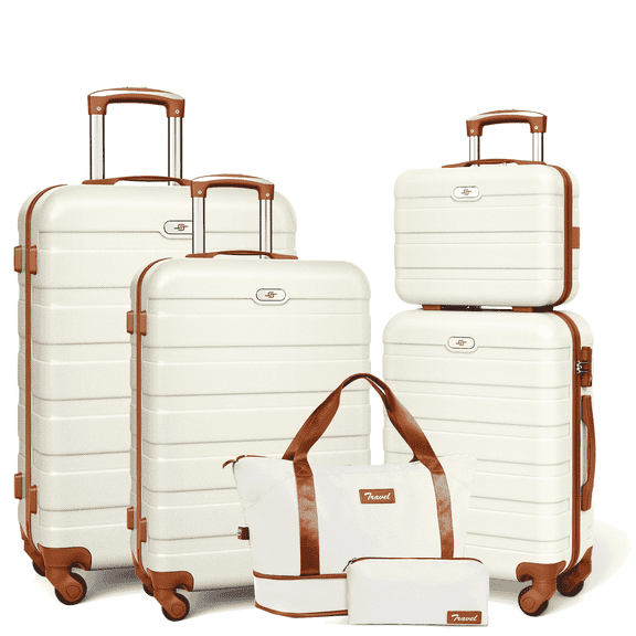 6 Piece Luggage Sets, with Travel Duffle Bags, Lightweight ABS Hard Suitcase, White Tan