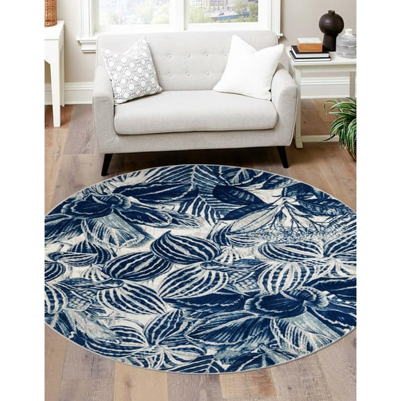 Rugs.com Blossom Collection Rug – 5 Ft Round Navy Blue Medium Rug Perfect For Kitchens, Dining Rooms